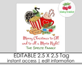 Christmas Movie Gift Tag, Personalized Holiday Label, Hot Chocolate and Popcorn, Square Card, Secret Santa Gift Tag, Printable and Editable