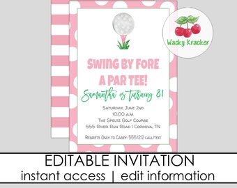Invitación de cumpleaños de golf, fiesta Hole in ONE, tema de fiesta de golf, descarga instantánea, plantilla EDITABLE, invitación de cumpleaños de niña, invitación de golf