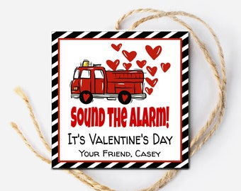Firetruck Valentine Tags, Happy Valentine's Gift Tag, Tag for Firetruck, Valentine Card, Editable Gift Tag Template, Valentine for boys