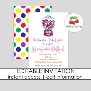 Bubble Gum Invitation, Birthday Invite, Candy Themed Party, INSTANT DOWNLOAD, EDITABLE Template, gum birthday party, kids birthday party