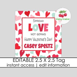 Etichetta regalo "Diffondi amore, non germi", etichette per disinfettante per le mani, regali di San Valentino per le aule, regali per insegnanti, modello di etichetta regalo modificabile