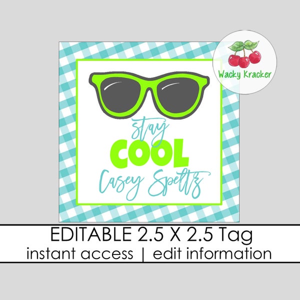 Sunglasses Gift Tags, Stay Cool Tag, Editable Gift Tag Template, Have a cool summer, Volunteer Staff PTO PTA tag, Party in the Park Favor