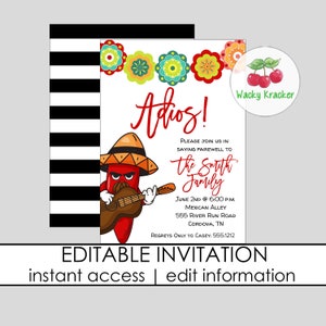 Adios afscheid uitnodiging, weggaan uitnodiging, Mexicaanse Fiesta Good Bye, Chili Pepper, Moving Party, INSTANT DOWNLOAD, BEWERKBARE sjabloon