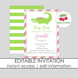 Pink Alligator Invitation, Gator Birthday, Crocodile Party, Editable Template