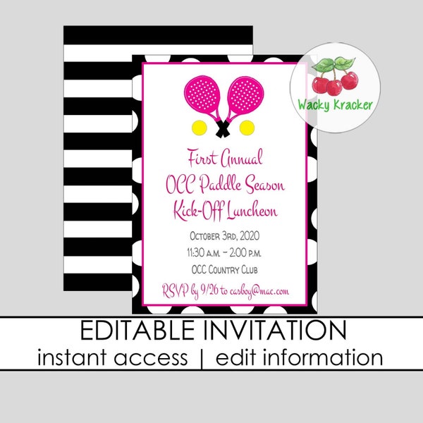 Paddle Tennis Invitation, Kick Off Luncheon, Country Club Invite, Paddle Luncheon, INSTANT DOWNLOAD, EDITABLE Template