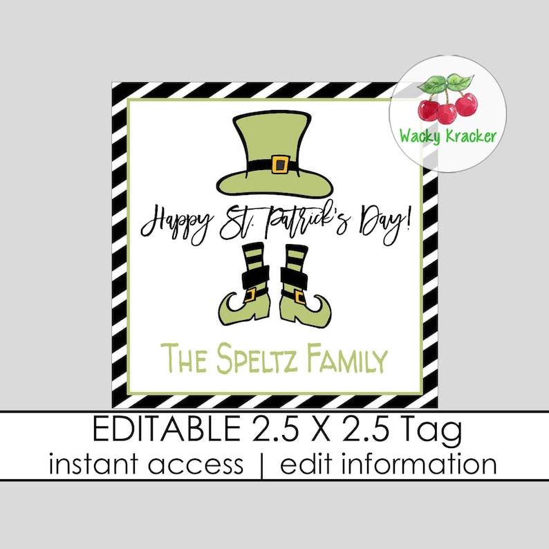 Patricks/'s Gift Tag Editable Gift Tag Template Leprechaun Hat and Shoes Favor Tags Personalized St Square Party Favor Tags