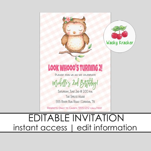 Owl Invitation, Owl Birthday Party, Invitation Template, Girl Birthday Invitation, Editable Owl Invite, First Birthday, Owl Theme Party