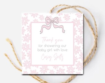 Personalized Pink Coquette Bow Baby Shower Thank You Tag, Printable Favor Tag for Girl, Printable Shower Decor, Custom Baby Girl Party Tag