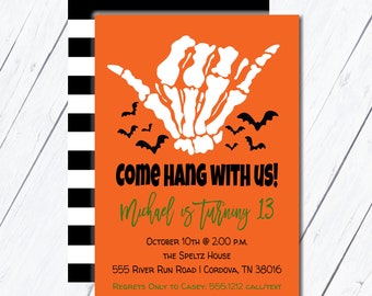 Skeleton Invitation, Skeleton Birthday, Halloween Birthday Invitation, Skeleton Party Invite, Fall Birthday Party, hang with us, Spooky
