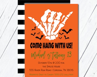 Skeleton Invitation, Skeleton Birthday, Halloween Birthday Invitation, Skeleton Party Invite, Fall Birthday Party, hang with us, Spooky