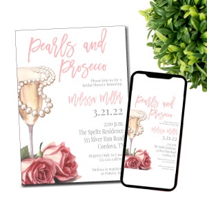 Pearls & Prosecco Bridal Baby Wedding Shower Invitation, Printable Invitation Template, Prosecco Invite, Pearls Invite, Champagne Bridal