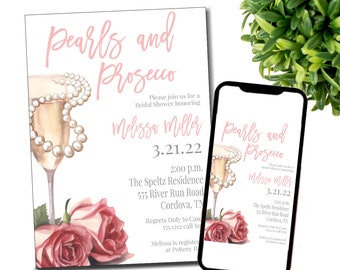 Pearls & Prosecco Bridal Baby Wedding Shower Invitation, Printable Invitation Template, Prosecco Invite, Pearls Invite, Champagne Bridal
