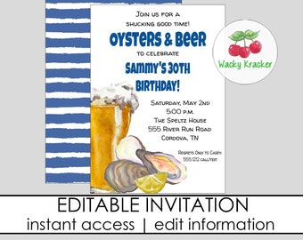 Oysters and Beer Birthday Party Invitation, Low Country Boil Invite, Printable 30th Birthday, Seafood Fundraiser, Editable Template