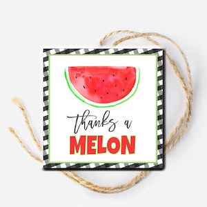 May include: A white square tag with a black and white checkered border. The tag features a watercolor illustration of a red watermelon slice with green rind and black seeds. The text "thanks a MELON" is written in black and red lettering.