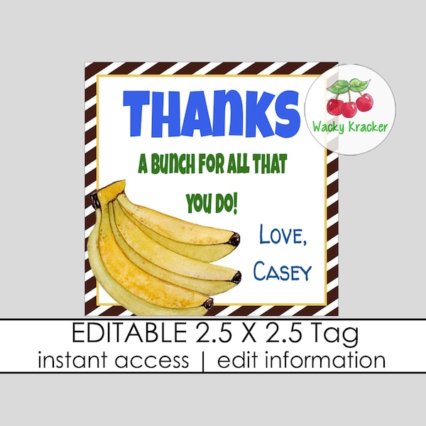 Thanks a Bunch Gift Tags, Staff Teacher Volunteer Appreciation Tag, Bunch of Bananas Tag, Square Party Favor Tag, Editable Gift Tag Template