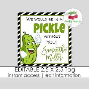 May include: A printable 2.5 x 2.5 inch tag with a cartoon pickle character. The tag says "We would be in a pickle without you!" and has a space to add a name. The tag is black and white with a green pickle character.