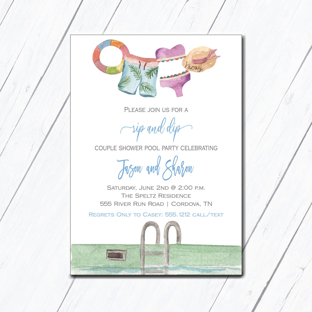 Sip and Dip Couples Pool Party, Bridal Shower Invitation, Engagement