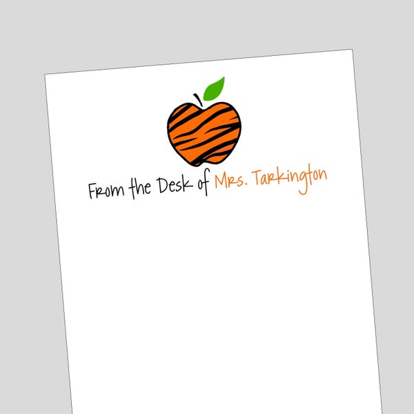 Tiger Apple Notepad, Teacher Stationery, Personalized gift, teacher gift, apple stationery, teacher appreciation gift