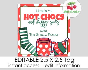 Hot Chocolate and Fuzzy Sock Christmas Gift Tag, Personalized Holiday Label, Hot Choc, Xmas Socks,Square Card, Printable and Editable