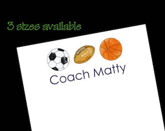 May include: White background with watercolor illustrations of a soccer ball, football, and basketball. The text "Coach Matty" is below the sports balls in navy blue. The text "3 sizes available" is in green in the upper left corner.