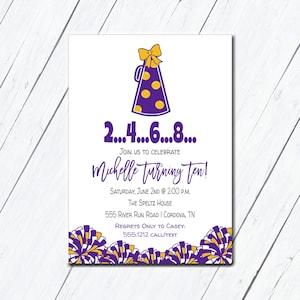Cheer Invitation, Birthday Invitation, Purple and Gold, Cheerleader Dance Pom Squad, Editable Invite, Tailgate Invite, Printable, Cheer Team