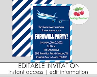 May include: Editable invitation template with a blue and white striped background. The invitation features a cartoon airplane and the text "The Smith family is moving! Please join us for a Farewell Party! Saturday, June 2, 2002 2:00 PM. The Speltz Home 555 River Run Road | Cordova, TN Regrets Only to Casey: 555.1212"