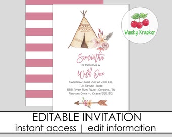 Teepee Invitation, Boho Birthday Party, Wild One Invitation, One Year Invite, INSTANT DOWNLOAD, EDITABLE Template, kids birthday party