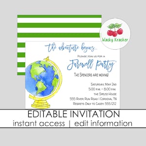 Globe Uitnodiging, Going Away Uitnodiging, Bewegend Feest, Afscheid Uitnodiging, INSTANT DOWNLOAD, BEWERKBAAR Sjabloon, Het Avontuur Begint, afscheid