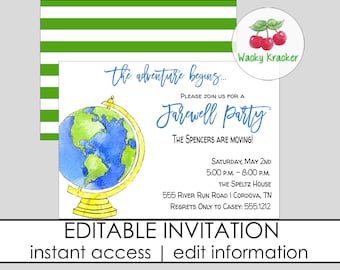 Globe Invitation, Going Away Invitation, Moving Party, Farewell Invite, INSTANT DOWNLOAD, EDITABLE Template, The Adventure Begins, farewell