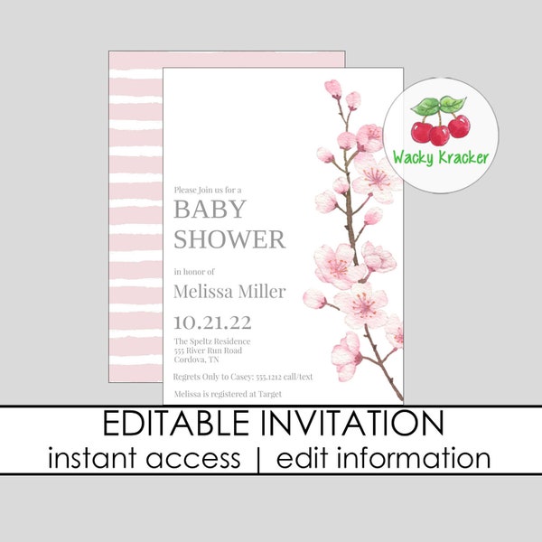 Cherry Blossom Baby Shower Invitation, Invitation Template, Japanese Cherry Blossom, Spring Baby, Instant Download, Sprinkle Baby Shower