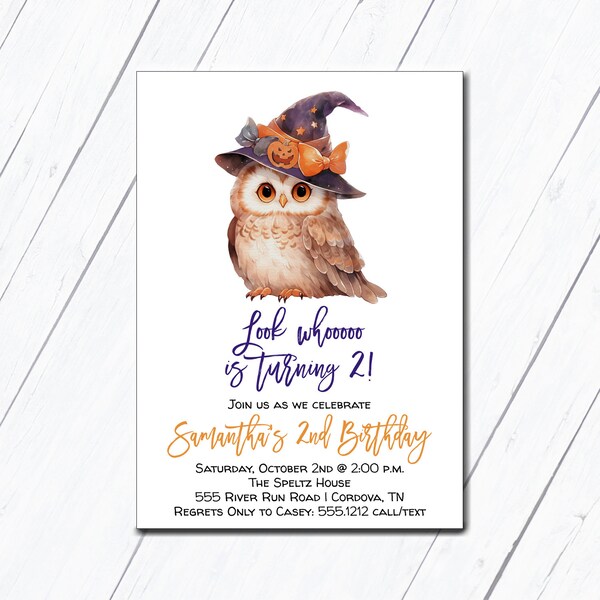 Invitation de hibou, invitation d'anniversaire d'Halloween, fête d'anniversaire pour les filles, modèle modifiable, téléchargement immédiat, 2e anniversaire, regardez qui a 2 ans