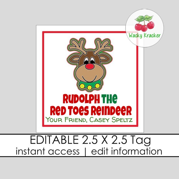 Rudolph The Red Toes Gift Tag, Tag for Red Nail Polish, Happy Holiday Gift Tag, Christmas Tag, Personalized and Editable Gift Tag Template