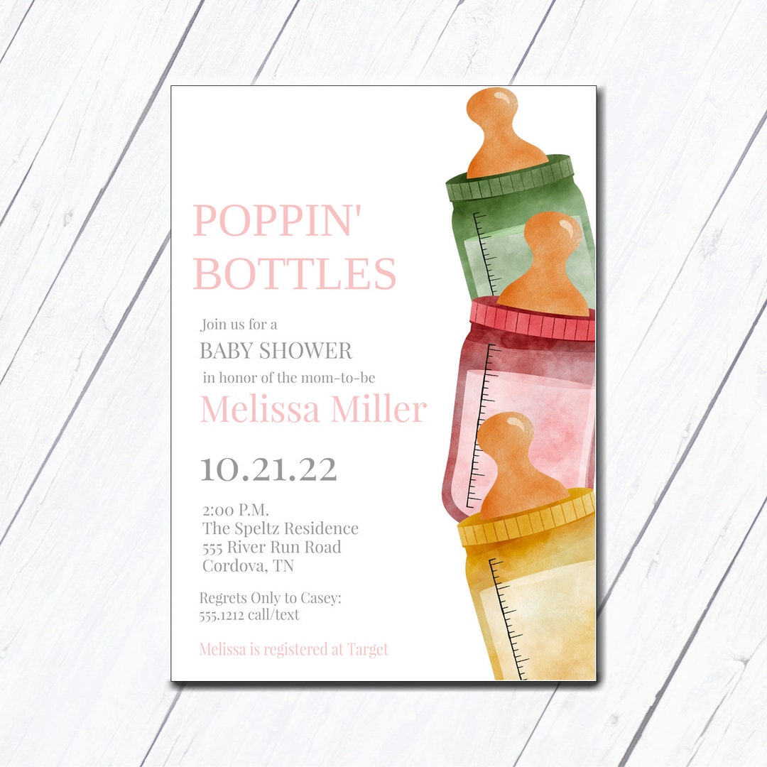 Baby Bottle Invitation, Girl Baby Shower, Come and Go Shower, Sip and