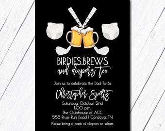 Plantilla de invitación para fiesta de pañales de golf, Birdies Brews & Diapers, pañales y drivers, invitación imprimible para fiesta de baby shower de pañales para hombres