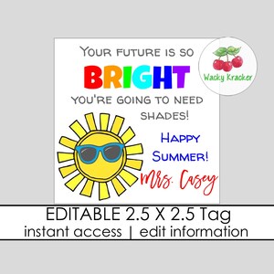 May include: Editable 2.5 x 2.5 inch tag with a sun wearing sunglasses and the text "Your future is so bright you're going to need shades! Happy Summer! Mrs. Casey".