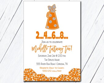 Invitación de porristas, invitación de cumpleaños, naranja y gris, escuadrón de pompones de baile de porristas, invitación editable, invitación de portón trasero, imprimible, equipo de porristas