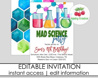 Science Invitation, Mad Science Birthday Party, Boys Science Invite, Digital Invite,  Editable Template