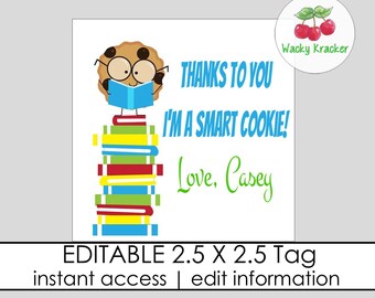 Smart Cookie Tags, Staff Teacher Volunteer Appreciation Tag, Square Party Favor Tags, A Gift From, Editable Gift Tag Template