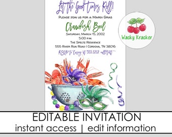 May include: An editable invitation for a Mardi Gras crawfish boil. The invitation features a watercolour illustration of a colander filled with crawfish, Mardi Gras masks, and beads. The text reads "Let the good times roll!" and includes the date, time, location, and RSVP information.