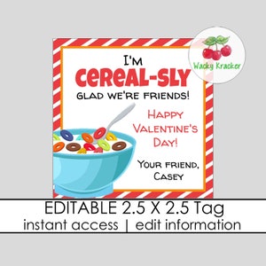 Cereal Valentine Favor Tags, Happy Valentine&#39;s Gift Tag, Non Candy Valentine Party Favor Tags, Volunteer Staff, Editable Gift Tag Template