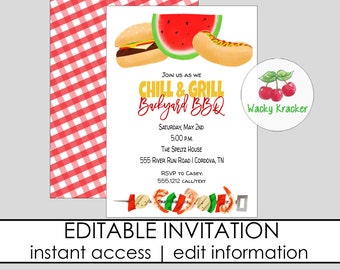 Chill and Grill Invitation, Backyard BBQ, Barbecue Birthday Invitation, Hamburgers, Hot Dogs, Editable Template