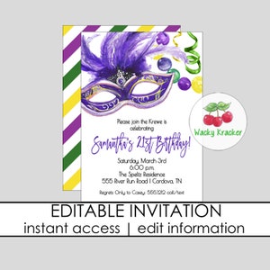 Mardi Gras Birthday Invitation, Laissez Les Bon Temps Rouler, Let&#39;s Mardi, Surprise Birthday, Printable and Editable Template