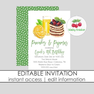 Rise and Shine Invitation, Breakfast Brunch, It&#39;s Breakfast Time, Breakfast Birthday, Slumber Party, Pancakes & PJ&#39;s, Editable Template