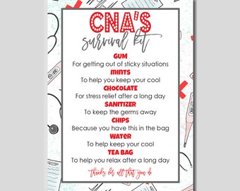 Tag CNA Survival Kit, Certified Nursing Assistant, Instant Download, CNA Appreciation Week, CNA Candy Treat goodybag tag, National Nursing