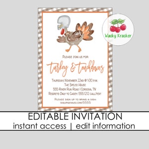 Puede incluir: Invitación editable para una fiesta de Acción de Gracias con una ilustración de acuarela de un pavo con un casco de fútbol y sosteniendo un balón de fútbol. El texto dice "Por favor, únase a nosotros para Turkey & Touchdowns" e incluye la fecha, la hora, la ubicación y la información de contacto.