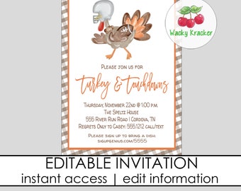 Turkey and Touchdowns Invitations, Football Thanksgiving Party, Friendsgiving Invite, Thanksgiving Potluck, Editable Invite