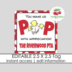 Popcorn Appreciation Tags, Staff Teacher Volunteer Thank You Tag, Square Party Favor Tags, Editable Gift Tag Template