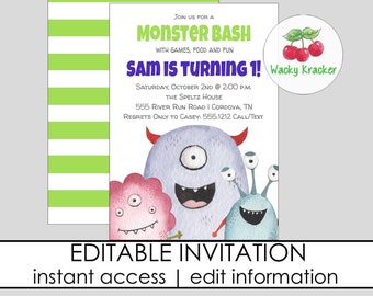 Monster Invitation, Monster First Birthday, Monster 1st Party, Halloween Birthday Invite,  Editable Template