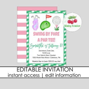 Golf Birthday Invitation, Golfer Golf Clubs Golf Course Party, Hole in ONE party, Pink Golf, Instant Download, EDITABLE Template