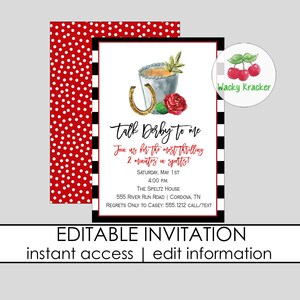 May include: Editable invitation for a Derby party with a watercolor illustration of a horseshoe, a red rose, and a silver bucket with a drink. The text reads "Talk Derby to me. Join us for the most thrilling 2 minutes in sports!" with the date, time, and location of the event.